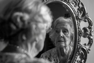 Fototapeta premium A woman is looking at her reflection in a mirror