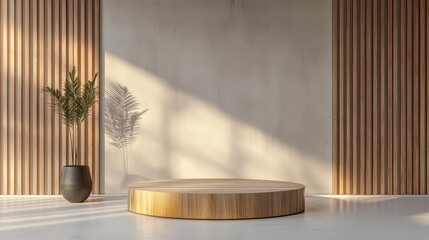 A minimalist wooden podium stands against a circular backdrop, illuminated by natural light.