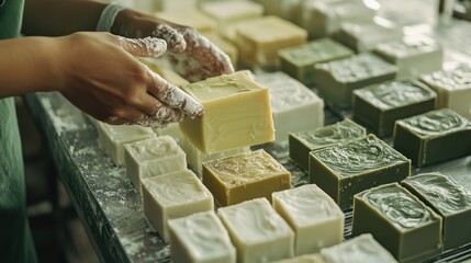 Aerial closeup of a workers hands pouring natural soaps into biodegradable molds highlighting the artisanal touch to mass production in an ecofriendly factory.
