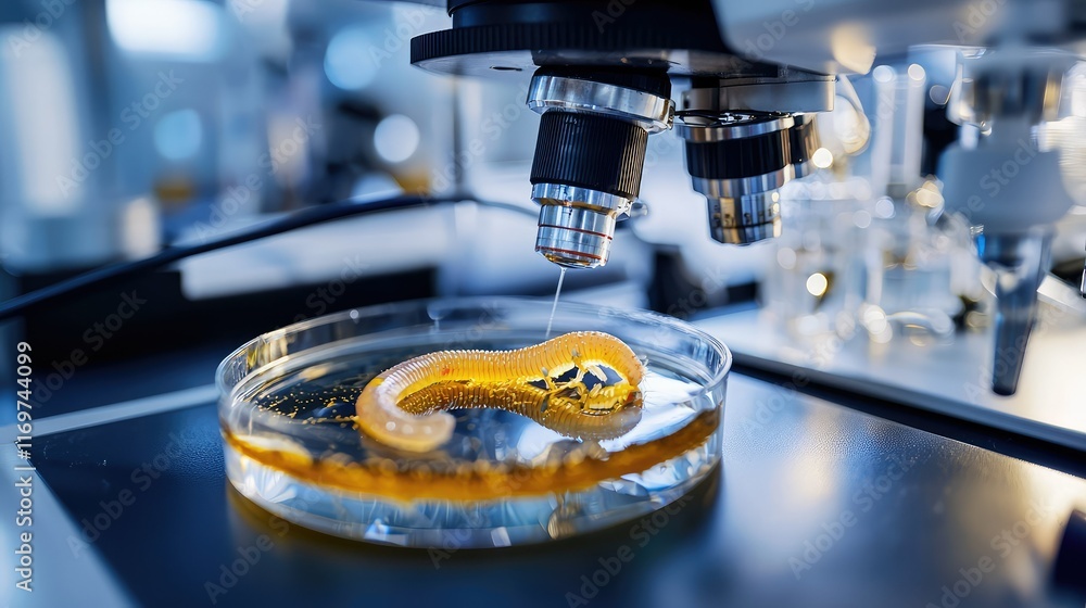 Poster examination of transparent worm under microscope in laboratory setting