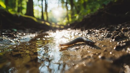 Close-up of a Millipede Crawling Near a Sunlit Stream in Forest