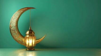 3D rendering of a golden crescent moon and lanterns on a green background with an ornate border frame. Vector illustration. Illustration for a banner, poster, or greeting card template. Ramadan Kareem