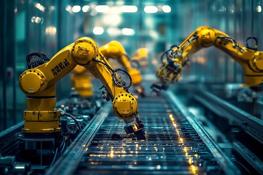 Yellow robotic arms performing automated tasks on a production line, showcasing advanced manufacturing technology in industry 4.0