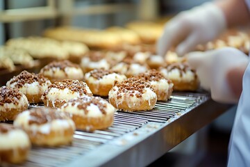 Close-up of donuts with white icing and chocolate sprinkles cooling on metal rack in bakery, pastry chef working in background