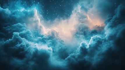 Obraz premium Dramatic night sky with dark and light blue clouds and stars.