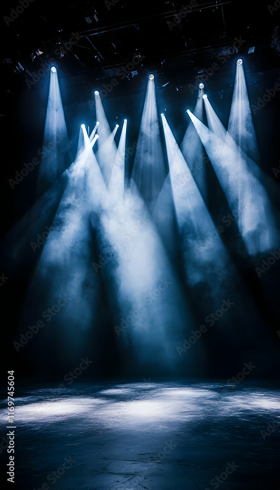 Poster spotlights shining down on an empty stage, setting the scene for a performance