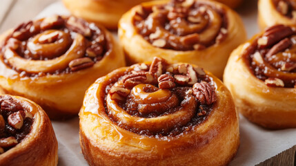 Fototapeta premium Delicious pecan cinnamon rolls - baked pastry treat with nuts and caramel glaze