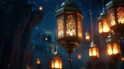Fototapeta premium A beautiful background for Ramadan with hanging lanterns and glowing lights. The composition includes elements of the night sky, creating an atmosphere of celebration during Ramadan.
