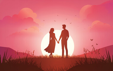 Romantic Couple Silhouette at Sunset with Heart and Nature Scene