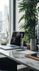 Modern Workspace with Laptop and Vaporizer Surrounded by Plants