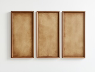 Fototapeta premium Set three vertical oak wooden frames displayed on a white wall perfect for artwork paintings or posters.