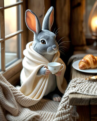 Sweet AI-generated bunny enjoying tea from a little cup on a wooden table. A croissant rests nearby, bringing cute and cozy tea-time vibes to life.