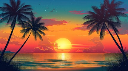 Obraz premium Tropical beach scene with beautiful palm trees, AI generated image