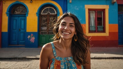 Joyful Argentine woman smiles brightly in front of vibrant colored buildings in her city during a sunny afternoon