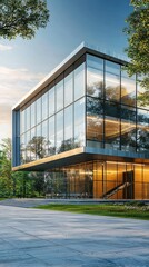 Obraz premium Modern Glass Building Surrounded by Greenery and Blue Sky