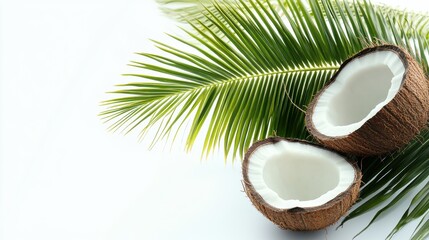 Coconut Halves on Palm Leaves, Exotic Tropical Fruit Still Life, Natural Freshness, Organic Beauty, Summer Vibes, Botanical Concept
