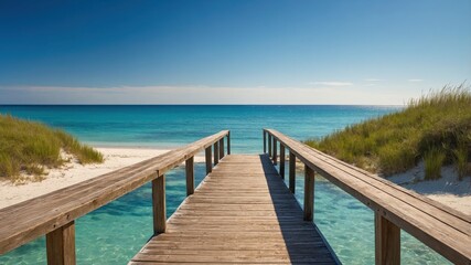 Obraz premium A serene wooden dock extends into the clear turquoise waters of a tranquil beach, framed by soft white sand and lush green dunes under a bright blue sky.
