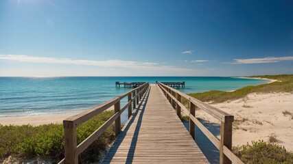 Obraz premium A serene wooden pier stretches into the clear blue waters, framed by sandy beaches and vibrant greenery, creating a tranquil coastal escape.