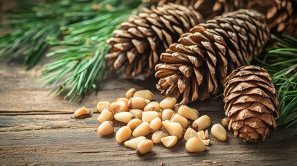 A natural harvest of fresh pine nuts arranged with pine cones and needles on a rustic wooden surface, showcasing the essence of forest bounty.