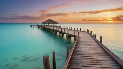 Obraz premium A serene sunset over a wooden pier leading to crystal-clear turquoise waters, creating a peaceful tropical ambiance.