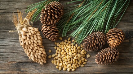 A natural harvest of fresh pine nuts arranged with pine cones and needles on a rustic wooden surface, showcasing the essence of forest bounty.