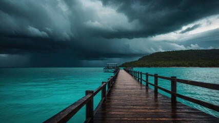 Fototapeta premium A serene wooden pier extends into the turquoise waters, under dramatic stormy skies filled with dark clouds, creating a striking contrast in nature.