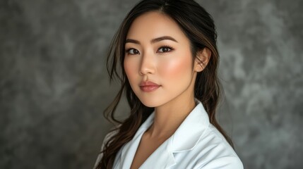 Fototapeta premium Young beautiful Asian female doctor wearing white lab coat against black wall. Medical professional nurse at work. Healthcare and medicine concept