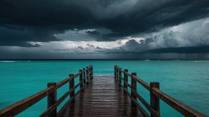 Fototapeta premium A dramatic wooden pier extends into a turquoise sea beneath ominous storm clouds, creating a striking contrast of colors and mood.