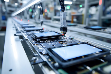 Automated robotic arm placing components on circuit boards along a manufacturing assembly line