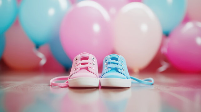 Gender reveal celebration with pink and blue baby shoes surrounded by balloons for baby shower decoration