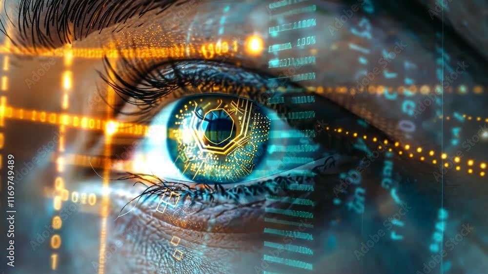 Poster A close-up view reveals a human eye infused with intricate circuits and glowing data patterns, highlighting the convergence of technology and vision in striking detail.