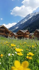 Fototapeta premium Scenic Mountain Landscape with Traditional Wooden Chalets and Flowers