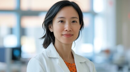 Young beautiful Asian female doctor wearing white lab coat in hospital. Medical professional nurse at work. Healthcare and medicine concept