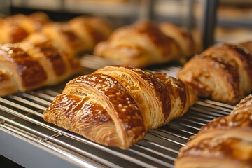 Golden brown croissants cooling on a metal rack, showcasing their flaky layers and inviting aroma