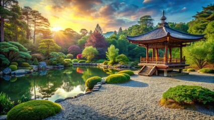 Fototapeta premium A serene Japanese garden: pagoda, gazebo, tranquil pond, and Zen landscape offer a peaceful spiritual retreat.
