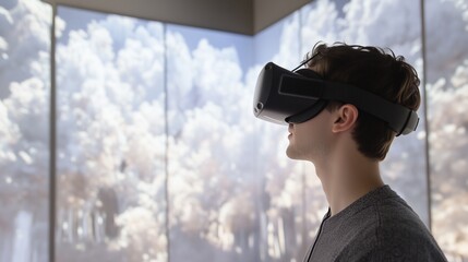 Young man using a virtual reality headset immersed in a digital experience exploring virtual reality.