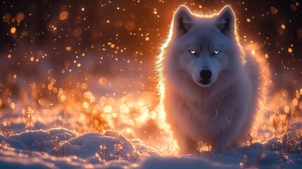 Whimsical Nighttime Setting Illuminated with an Ainu Dog in a Forest