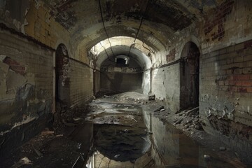 Obraz premium A long, narrow tunnel with a lot of debris and water