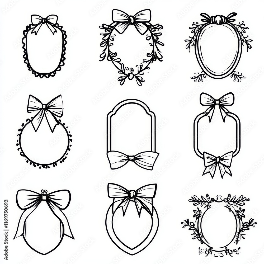 Sticker Ornate frames and black ribbons. A collection of elegant antique frames, retro label set, royal wedding, sticker for sale or an invitation card. Modern isolated symbols. Simple hand-drawn ribbon.