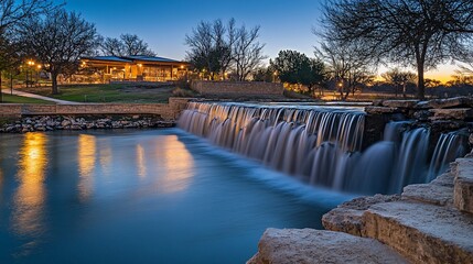 Serene twilight view of a small waterfall cascading into a calm pool, with a pavilion in the background.