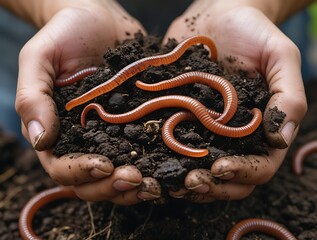 Fototapeta premium Hands holding nutrient-rich soil filled with earthworms, showcasing the importance of vermiculture, composting, and organic gardening for sustainable agriculture, soil health, and environmental conser