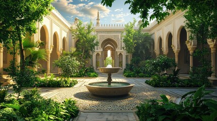 Fototapeta premium Serene Courtyard with Fountain Surrounded by Lush Greenery