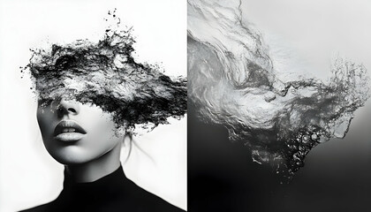 Fototapeta premium Surreal black and white portrait, blending abstract elements with stunning simplicity