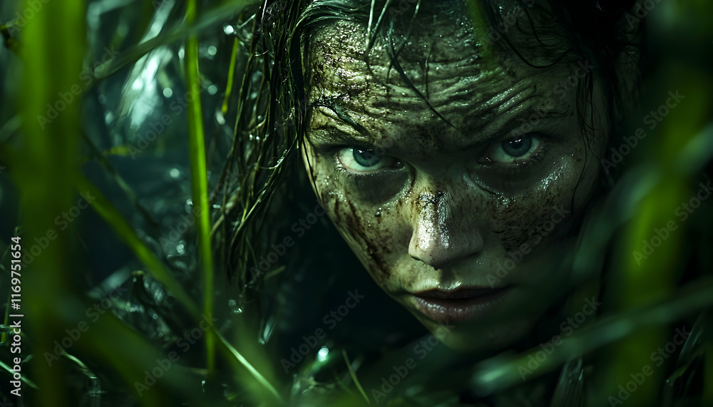 Poster survivor crouched low in a jungle, hiding from potential danger with an intense look of fear