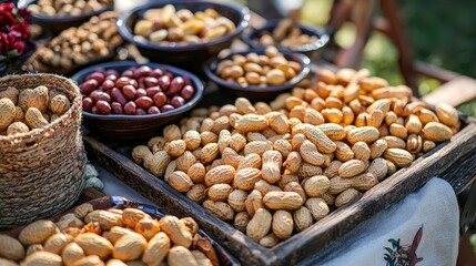 Obraz premium Fresh Peanuts and Various Nuts Displayed at Outdoor Market Setting