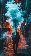 Fototapeta premium Mysterious Figure Surrounded by Colorful Smoke in Urban Alleyway