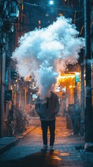 Person in Dark Alley Surrounded by Dramatic Cloud of Smoke