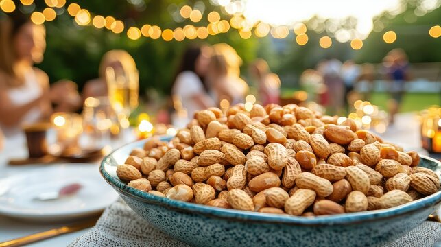 Fresh Peanuts in Bowl at Outdoor Gathering with Twinkling Lights