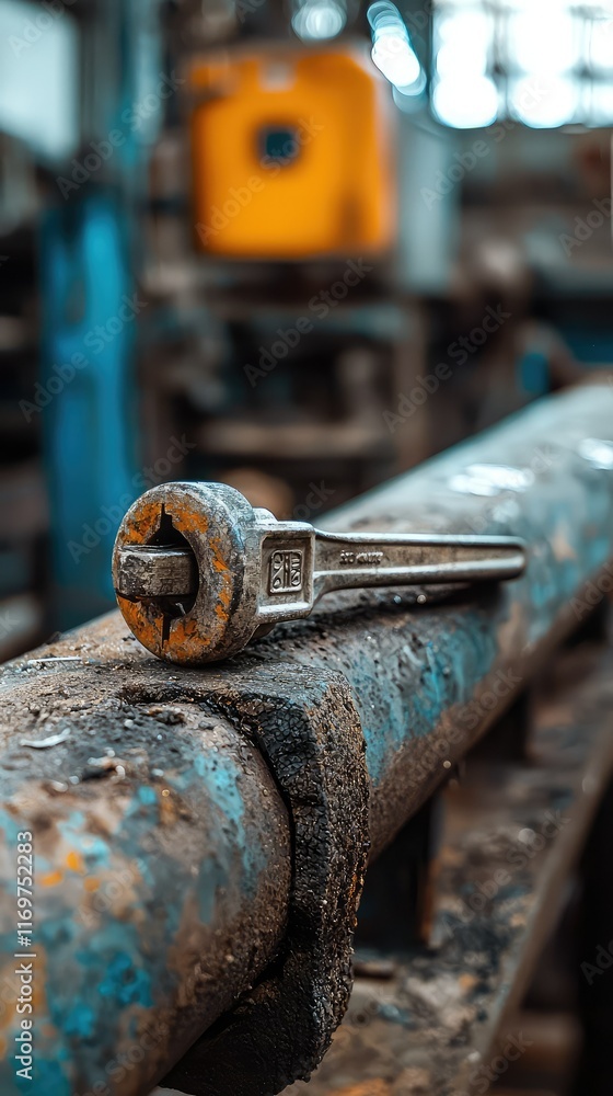 Poster rusty wrench on industrial pipe in abandoned workshop setting