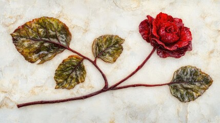 Red rose sculpture on marble background.
